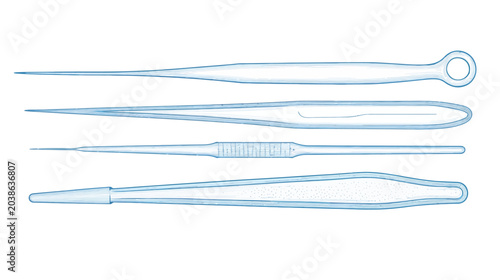 Four stylized, transparent scientific pipettes of varying designs, set against a stark white backdrop