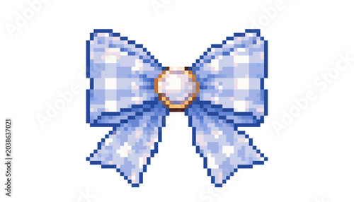 Cute blue pixel bow with pearl center in pastel kawaii style