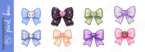 Pixel bow icons set with cute pastel ribbon designs in y2k style