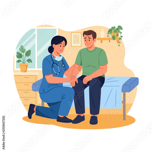 Nurse Examining Patient's Arm Injury in Clinic Room