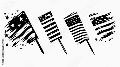 Artistic depiction of four stylized flags with stars and stripes in black and white