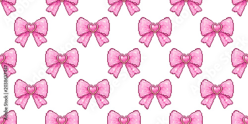 Seamless pixel bow pattern with pink heart ribbon in cute y2k style