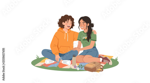Fotografía Two diverse young women sitting together on a picnic blanket in a friendly outdoor setting