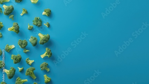 Copy space image with vibrant blue setting and green broccoli slices midair illustrating flying vegetables and healthy diet food