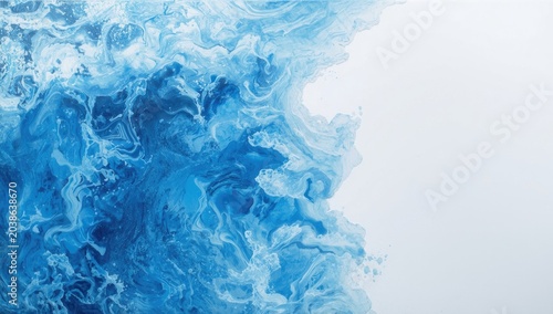Expressive electric blue and white painting capturing fluid water movement on canvas