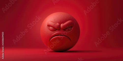Graphic of an angry red emoji with a frowning expression on a smooth warm red backdrop featuring soft shadows and copy space