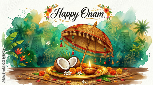 Happy Onam Festival Watercolor Greeting with Traditional Kerala Umbrella Coconut and Floral Decor