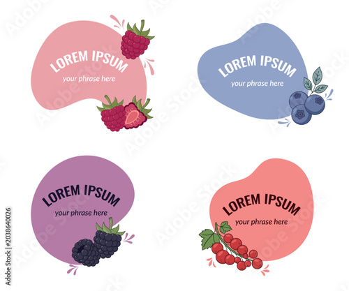 Abstract Blob Shapes Summer Backgrounds, Aesthetic Organic Fruit Text Frames, Modern Hand Drawn Berry Labels, Raspberry Blueberry Blackberry Badges, Printable Sticker Design Elements Collection