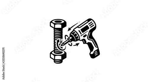 Konstfotografi Electric drill tightening a bolt and nut on a white background.