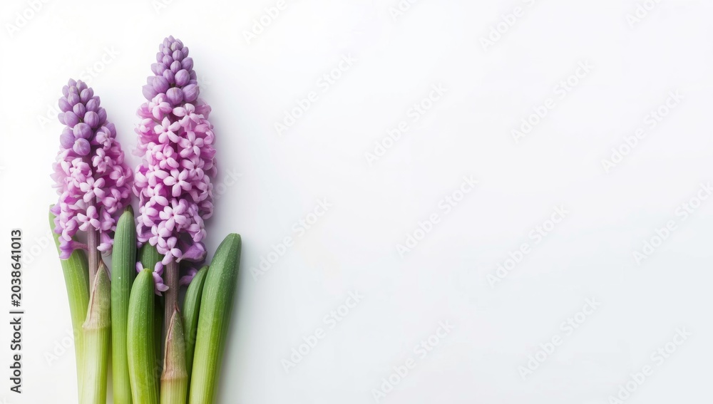 Fototapeta premium Fresh purple hyacinth bean flowers standing out on a bright white minimalist background
