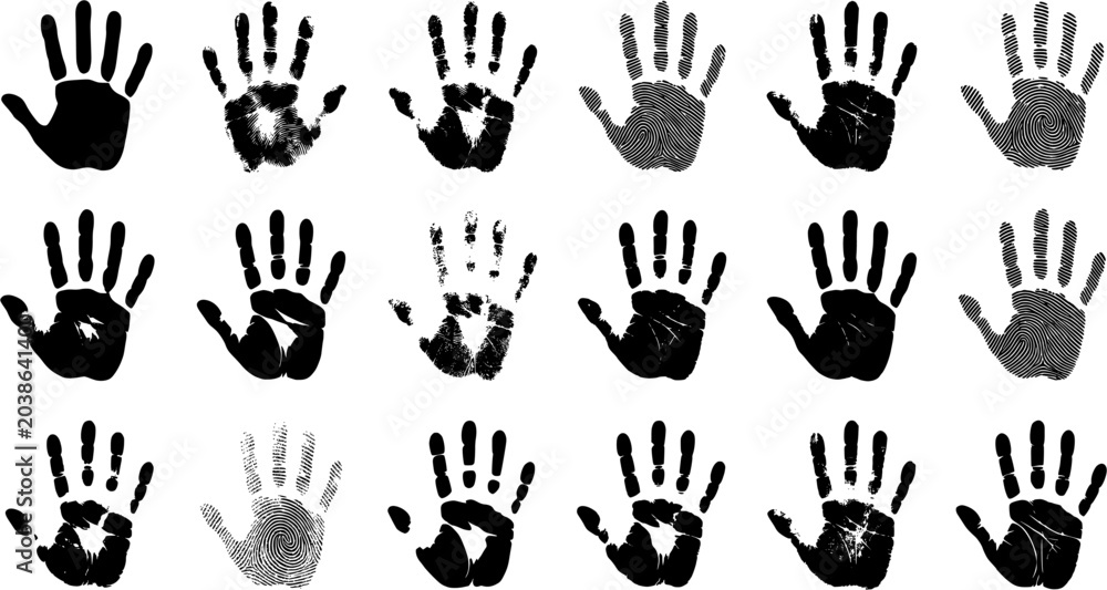 Fototapeta premium Handprint and Fingerprint Texture Collection Featuring Black Palm Prints Forensic Biometrics Identity Security and Grunge Ink Impressions