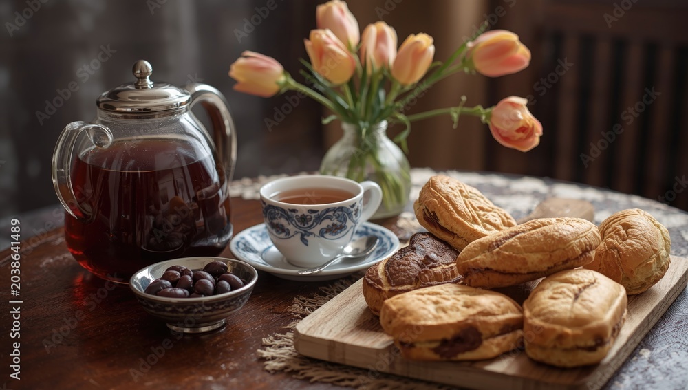 Fototapeta premium Freshly brewed tea and an assortment of pastries placed next to a kettle on a table