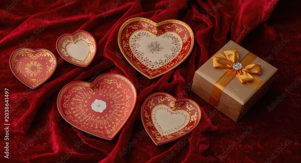 Obraz premium Festive heart shaped plates arranged on a holiday table with red backdrop and wrapped gift box