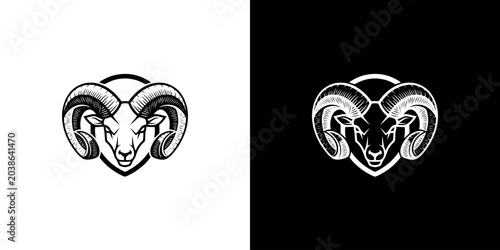 Monochrome Ram Head Logo with Curled Horns and Intricate Details.