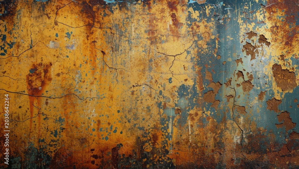 Fototapeta premium colorful distressed wall with peeling paint texture and rust spots