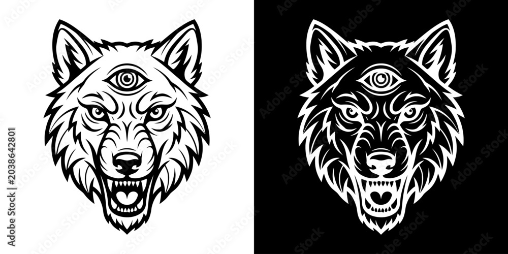 Obraz premium Monochrome Wolf Head with Third Eye Illustration.
