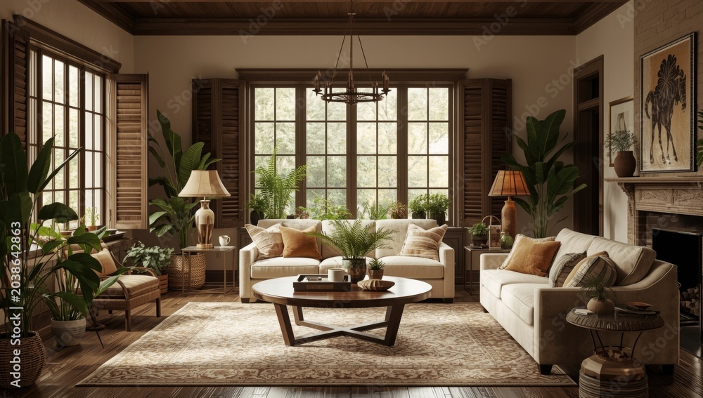 Fototapeta premium Elegant farmhouse living room in boho design with dark wooden shutters and indoor potted greenery