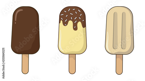 Set of Three Glazed Ice Cream Popsicles on Wooden Sticks, Flat Style Dessert Illustration with Sprinkles and Toppings