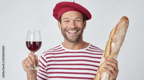Cheerful man in beret holding wine and baguette in classic French attire