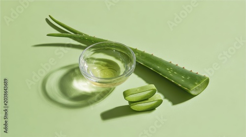 Fresh aloe vera with gel on green background for natural skincare and health