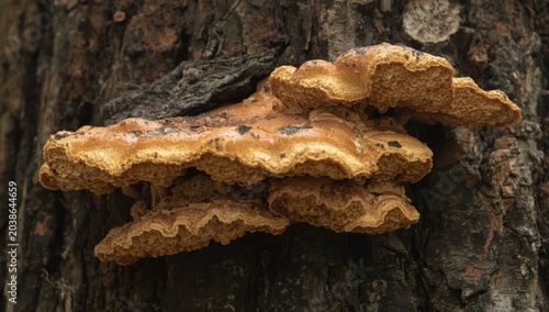 Crab of the woods bracket fungus displaying sulfur colored pores on trunk
