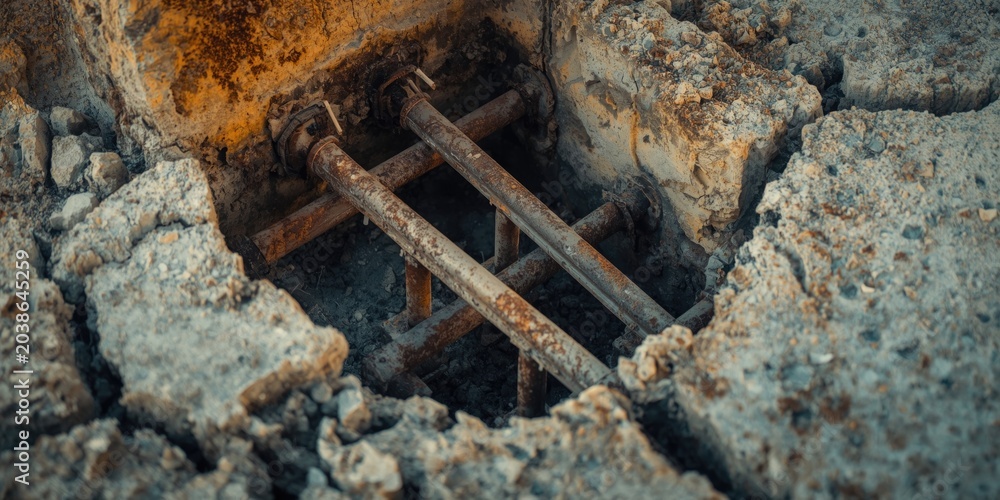 Fototapeta premium Degradation of steel reinforcement due to rust in concrete construction project