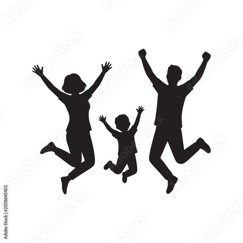 Joyful family silhouette jumping with arms raised for global day of parents on white background