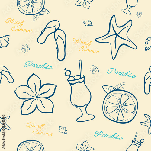 Photos Amalfi Summer Seamless Doodle Pattern with Lemon, Starfish, Slippers, Cocktail,