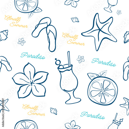 Photos Amalfi Summer Seamless Doodle Pattern with Lemon, Starfish, Slippers, Cocktail,