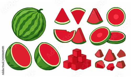 Photos Red watermelon chunks and slices set, sweet summer fruit elements vector