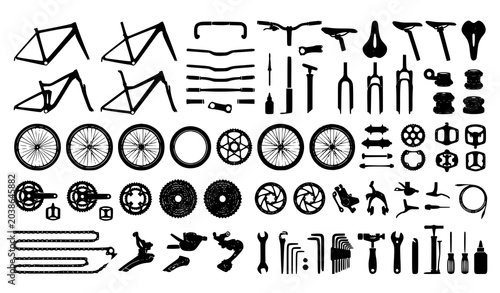 Fotografie Bicycle parts and repair tools silhouette icons mega collection