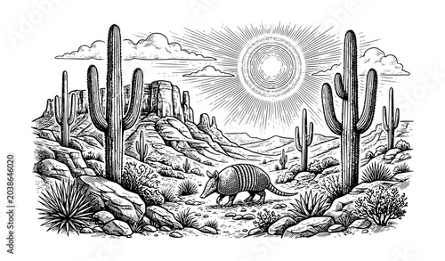 Foto Armadillo walking in the desert with cactus coloring page vector