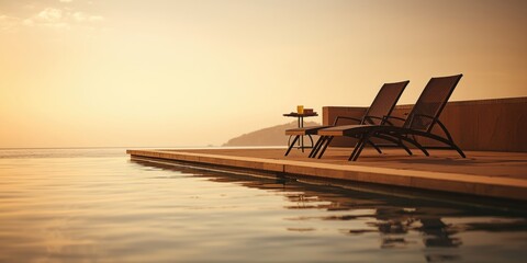 gentle pool edge scene with a pair of adjustable lounge chairs and soft ambient light