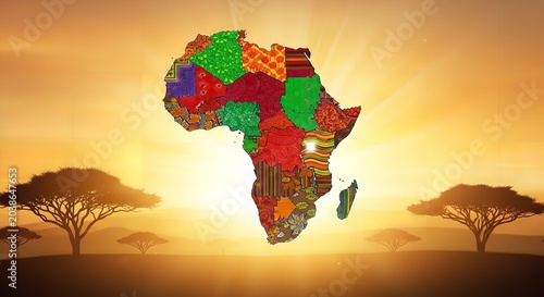 Colorful Pixel Art Africa Continent Silhouette at Sunset with Acacia Trees