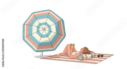 Fényképezés A young woman relaxing on a beach mat under a colorful sun umbrella
