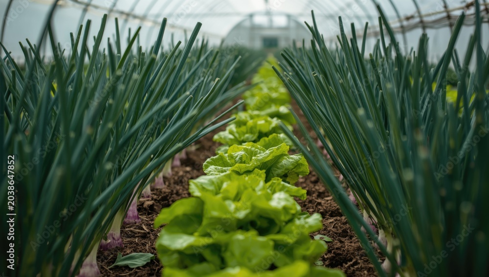 Obraz premium Close-up capture of vigorous leeks onions and fresh lettuce thriving in organic low tunnel greenhouses