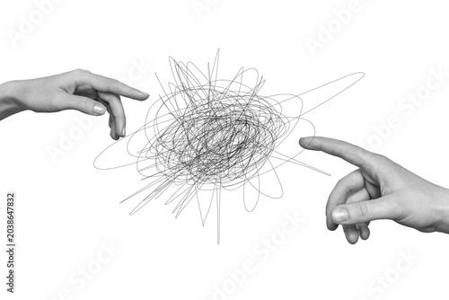 Schilderij op canvas Composite photo collage of hands reach index fingers each other scribble mess bu