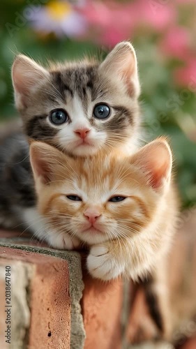adorable tabby kittens sitting together on a stone wall with soft green bokeh background cute pet video.