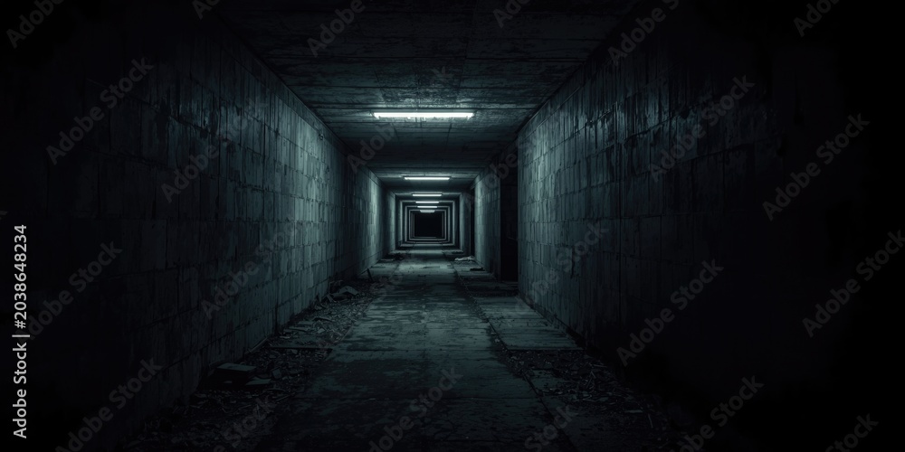Fototapeta premium Gloomy passage in deserted Soviet underground bunker featuring ominous atmosphere
