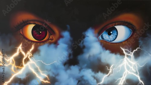 Dramatic eyes with lightning and smoke illustration for conceptual design