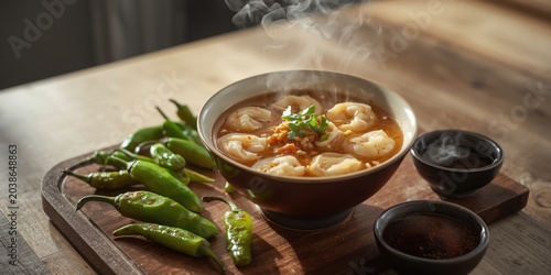 Flavorful Chinese shrimp wanton soup served alongside green pickled chili and soy sauce
