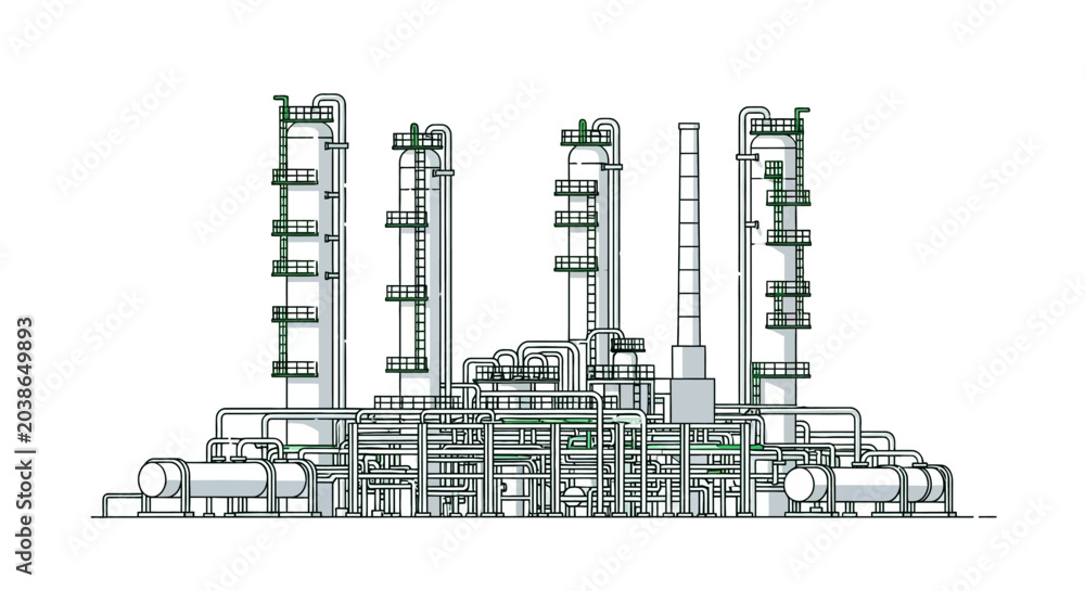 Obraz premium Detailed Vector illustration of a modern industrial oil refinery and chemical processing plant, showcasing complex engineering and energy infrastructure design