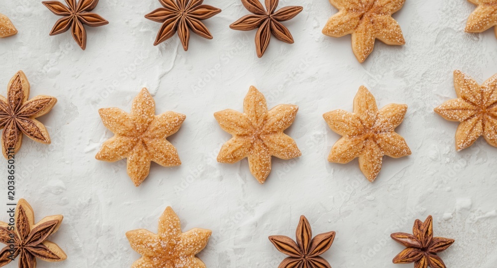 Obraz premium Festive almond cookies and star anise biscuits arranged on a white backdrop for holiday culinary decoration