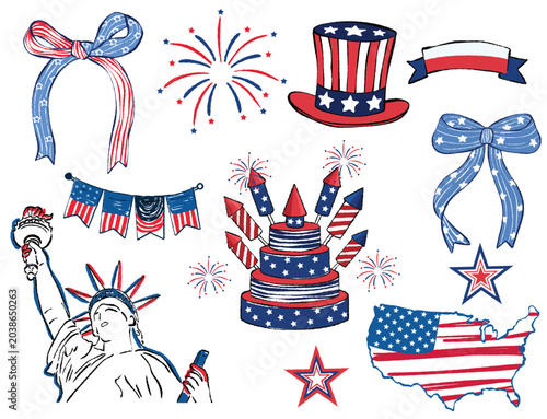 Fourth of July patriotic elements collection with hand drawn illustrations of Statue of Liberty, USA map flag, fireworks, uncle sam hat, and Independence Day holiday doodles
