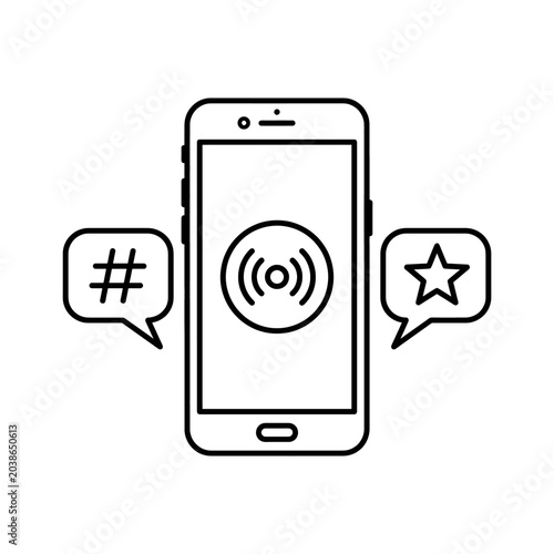 Digital communication device displaying wireless signal emanating outwards from center accompanied by speech bubbles containing a hashtag symbol and a star emphasizing social media engagement
