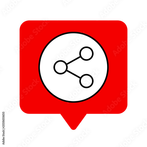 Red speech bubble icon with a universal sharing symbol inside a circle representing communication spreading information and connection across digital platforms on a plain surface conceptualizing
