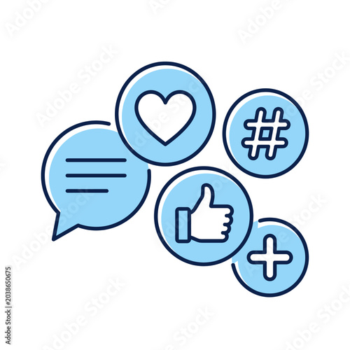 Conceptual portrayal of digital communication signifying social media engagement with icons for liking sharing and commenting portraying popularity and connectivity across online platforms for