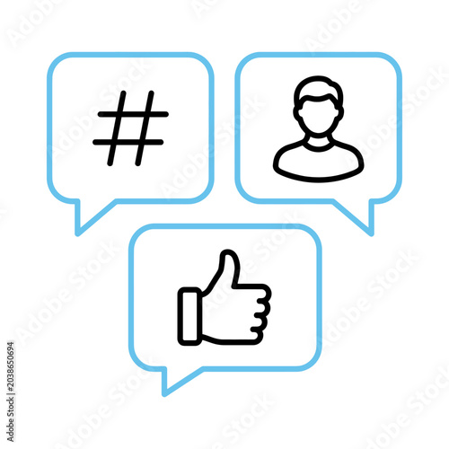 Communication symbols like a hashtag a person silhouette and a thumbs up gesture displayed within speech bubbles representing social media engagement and online interaction concepts for digital