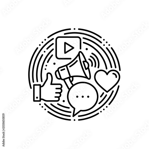 Digital communication concept featuring social media icons like a thumbs up speech bubble video player heart symbol and megaphone conveying engagement and online interaction within a stylized