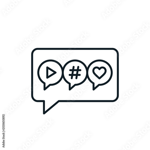 Communication bubble containing icons representing play button hash symbol and heart shape signifying digital content sharing and social media engagement in an online communication context